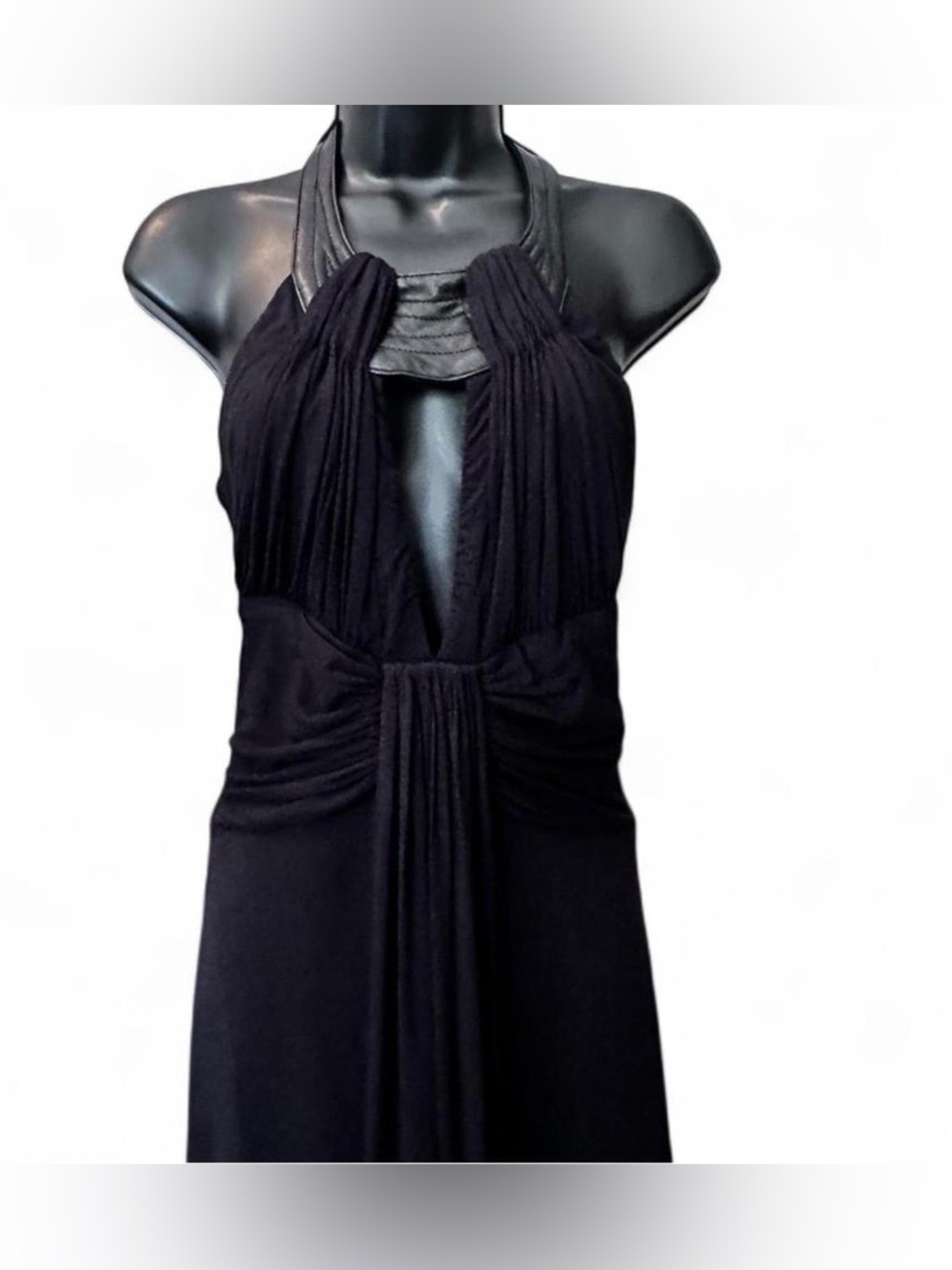 NWT High Fashion SKY Brand Black Halter Drape Mini Dress with Genuine Leather
